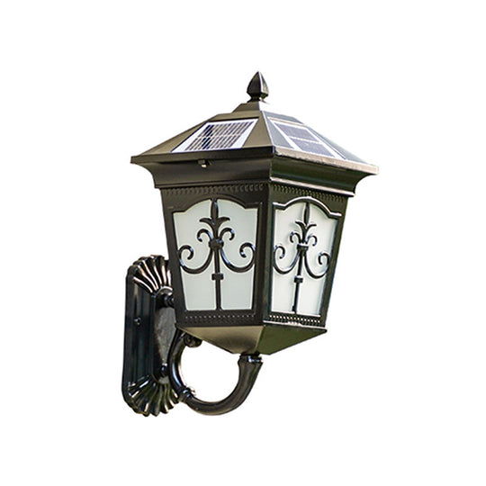 Vintage Courtyard Solar Wall Light - House Shaped Metal Lamp With Frost Glass Shade