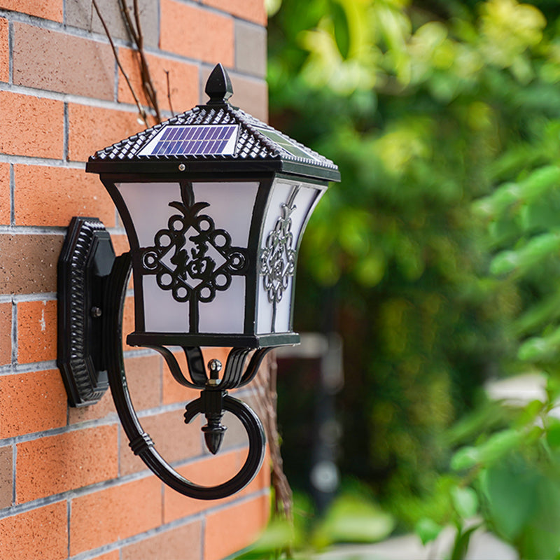 Vintage Courtyard Solar Wall Light - House Shaped Metal Lamp With Frost Glass Shade Black / C