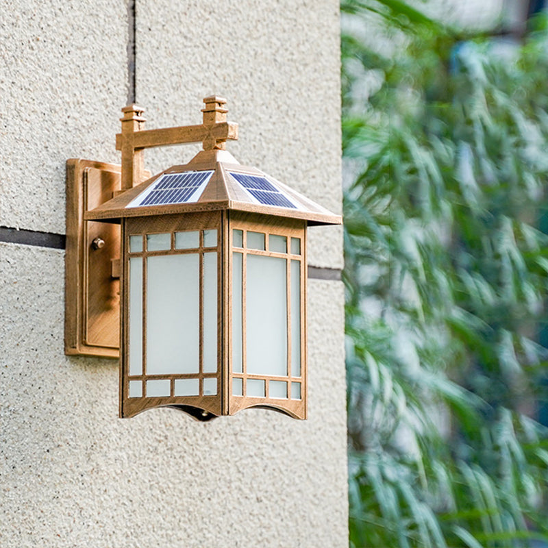 Vintage Courtyard Solar Wall Light - House Shaped Metal Lamp With Frost Glass Shade Bronze / E