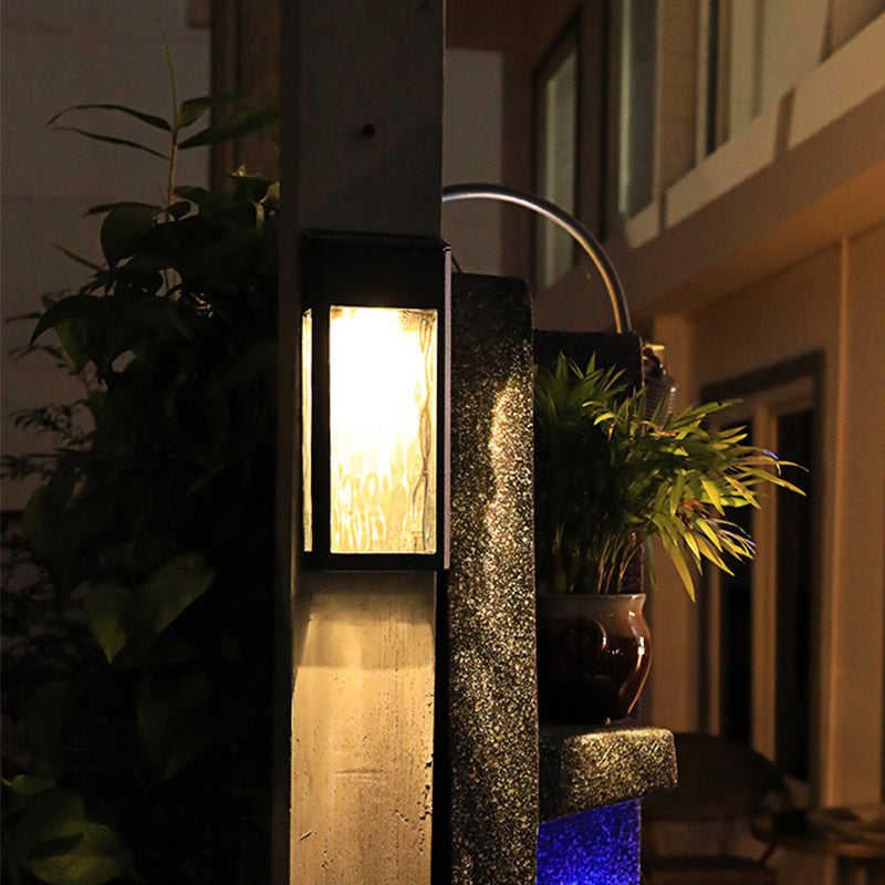 Vintage Rectangular Glass Solar Wall Light With Ripple Design - Outdoor Led Lamp In Black