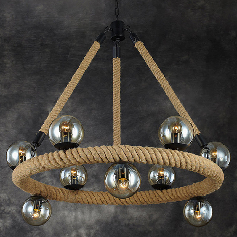 Industrial Rope Chandelier With Glass Shade - Beige 9-Light Fixture For Dining Room