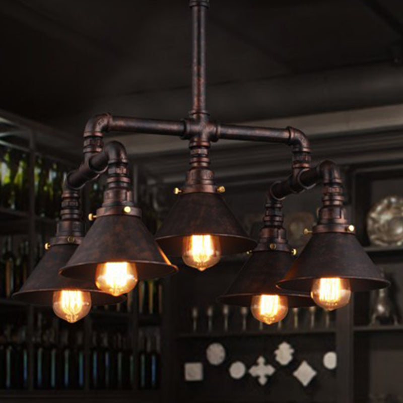 Metal Industrial 5-Bulb Ceiling Lamp With Cone Shade - Rust Chandelier Pendant Light For Dining Room