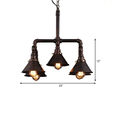 Metal Industrial 5-Bulb Ceiling Pendant Light With Cone Shade - Rust Finish For Dining Room