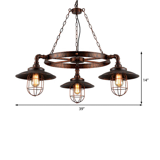 Industrial Weathered Copper Metal Hanging Chandelier - 3-Light Wagon Wheel Shade Pendant Light With
