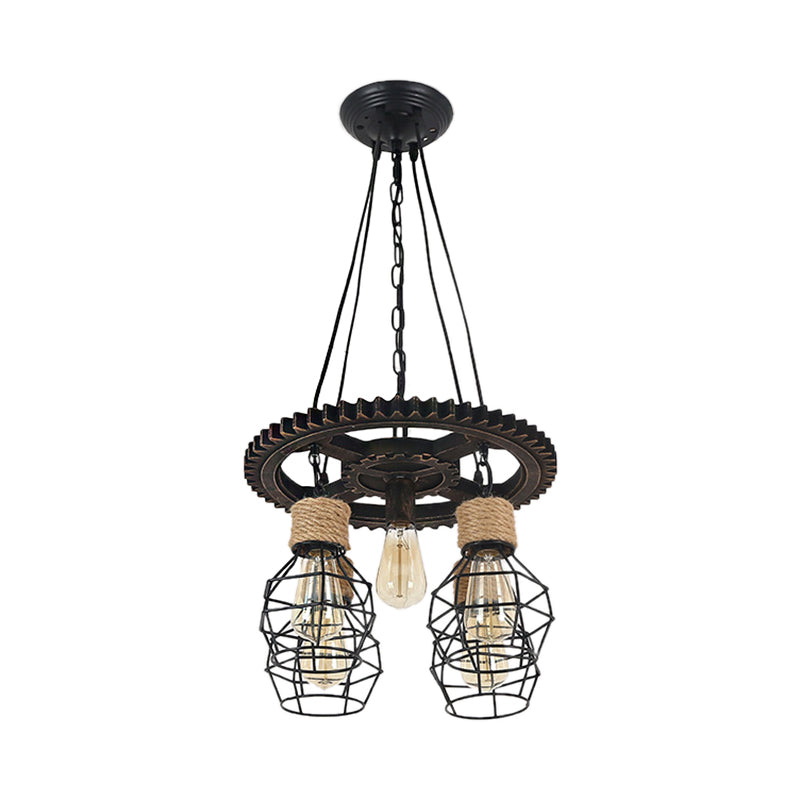 Industrial Black Metal And Rope Pendant Chandelier With Gear Shelf - 5-Light Globe Design For