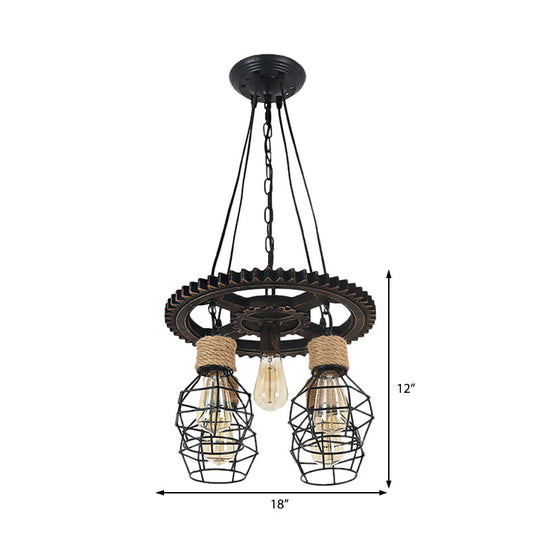 Industrial Black Metal And Rope Pendant Chandelier With Gear Shelf - 5-Light Globe Design For
