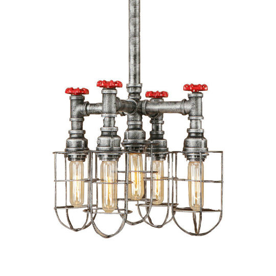 Industrial Caged Amber Glass Hanging Chandelier With Silver Valve - 5-Lights Ceiling Light Fixture