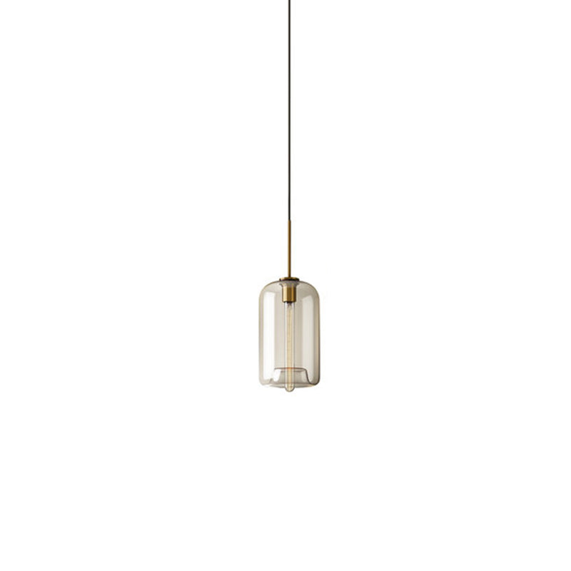 Contemporary Brass Pendant Light With Clear Glass Shade - Oval/Drum/Cylinder 1-Light 7/10/11 Wide /