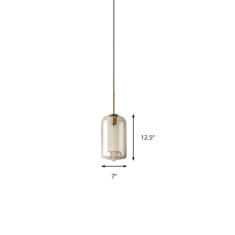 Contemporary Brass Pendant Light With Clear Glass Shade - Oval/Drum/Cylinder 1-Light 7/10/11 Wide