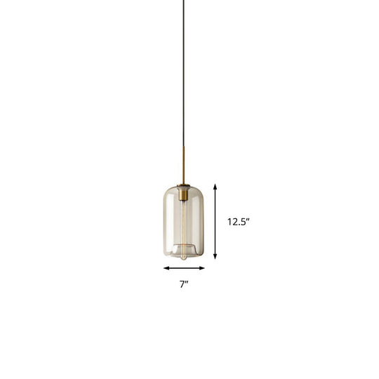 Contemporary Brass Pendant Light With Clear Glass Shade - Oval/Drum/Cylinder 1-Light 7/10/11 Wide