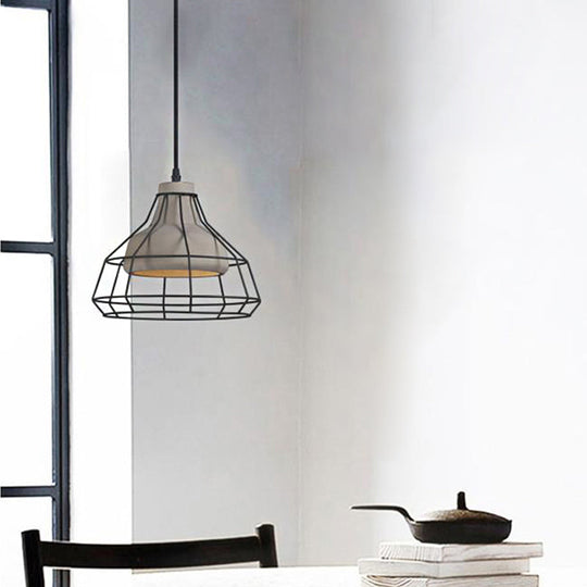 Cement Cone Suspension Light - Modernist Black Hanging Pendant Lamp With Wire-Cage Shade