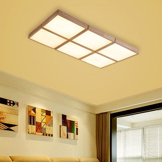 Minimalist Beige Geometric Flush Mount Ceiling Light With Acrylic Diffuser - 4/6 Lights 6 / Wood