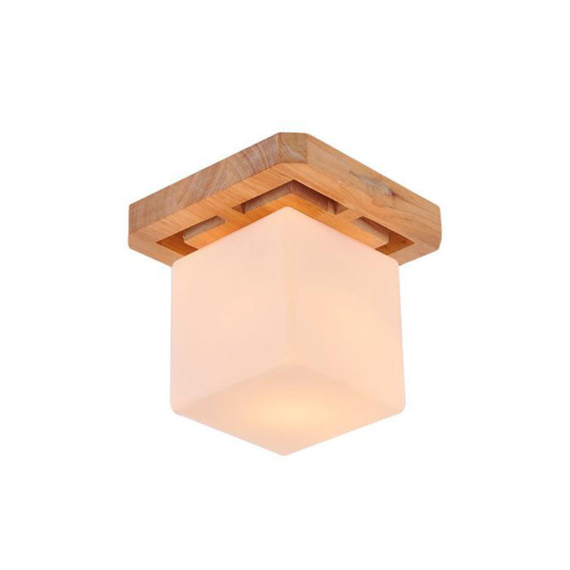 Minimalist Milk Glass Beige Led Cube Flush Mount Lamp With Wood Canopy