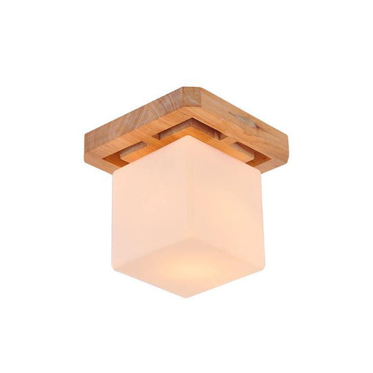 Minimalist Milk Glass Beige Led Cube Flush Mount Lamp With Wood Canopy