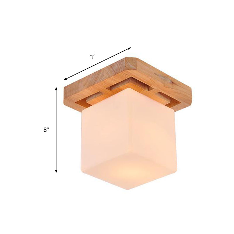 Minimalist Milk Glass Beige Led Cube Flush Mount Lamp With Wood Canopy
