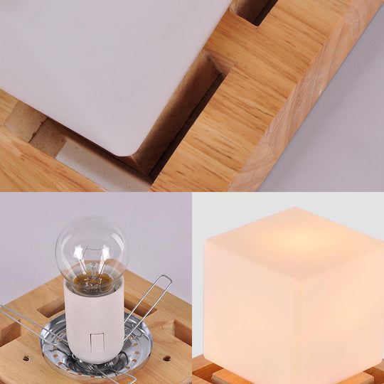 Minimalist Milk Glass Beige Led Cube Flush Mount Lamp With Wood Canopy