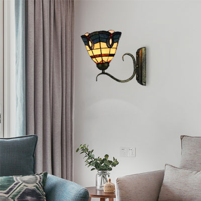 Tiffany Mini Wall Sconce: Sunflower/Peacock Tail Stained Glass Fixture Antique Brass / Peacock