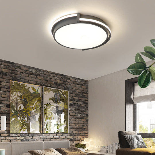 Modern Led Round Bedroom Flush Lamp In Black/Grey With Recessed Diffuser - 12’/16’/19.5’ Wide