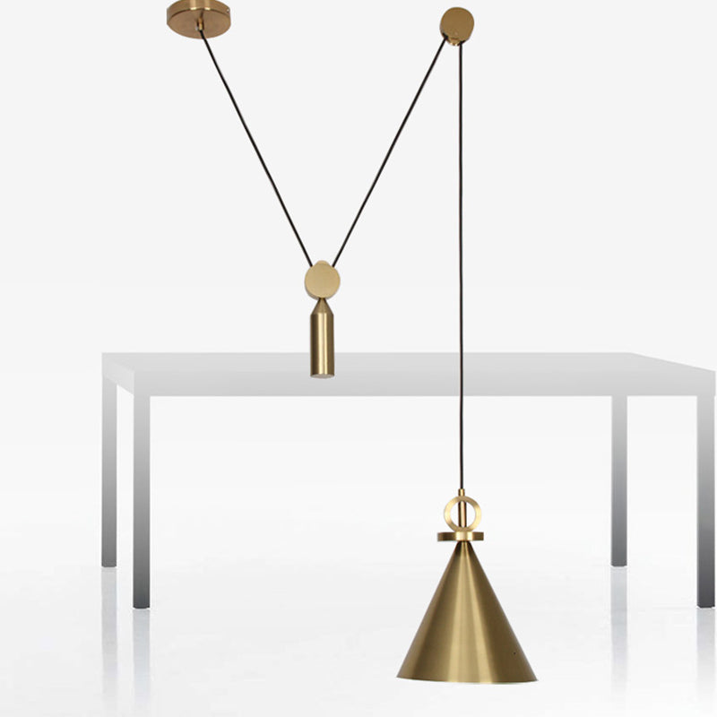 Postmodern Conical Metallic Ceiling Pendant Light With Gold Pulley For Living Room