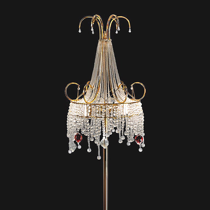 Tassel Crystal Floor Lamp: Postmodern Gold Standing Light With Scroll Decor (2 Bulbs)