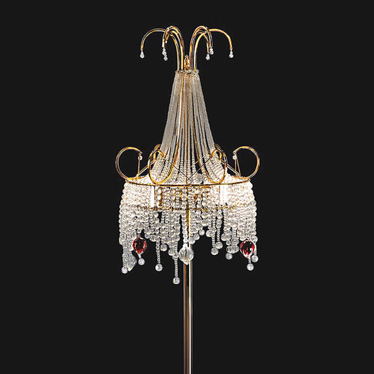 Tassel Crystal Floor Lamp: Postmodern Gold Standing Light With Scroll Decor (2 Bulbs)