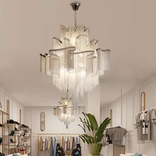 Silver Postmodern Tiered Aluminum Chain Chandelier For Living Room - Ceiling Lighting Fixture