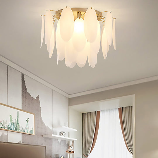 Contemporary White Glass Feather-Shaped Flush Mount Lamp - 22.5’/28’ Wide 6-Light Living Room