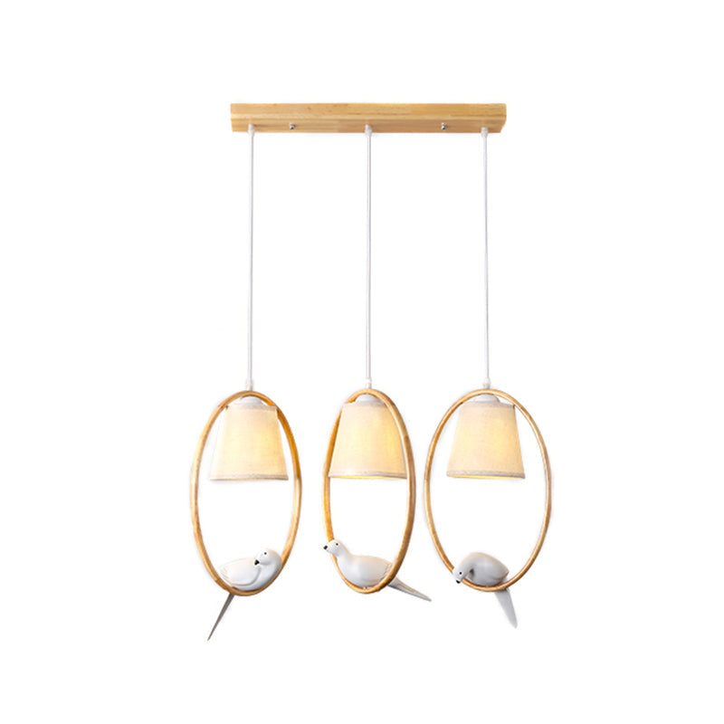 Contemporary Cone Fabric Pendant Lamp With Wood Ring And Resin Bird - 1/3 Lights White Fixture