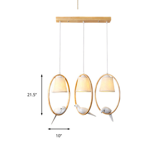 Contemporary Cone Fabric Pendant Lamp With Wood Ring And Resin Bird - 1/3 Lights White Fixture