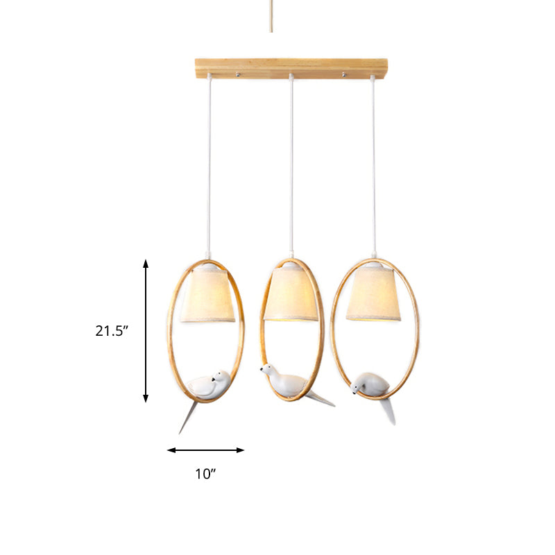 Contemporary Cone Pendant Light Fixture With Hanging Fabric Wood Ring And Resin Bird - 1/3 Lights