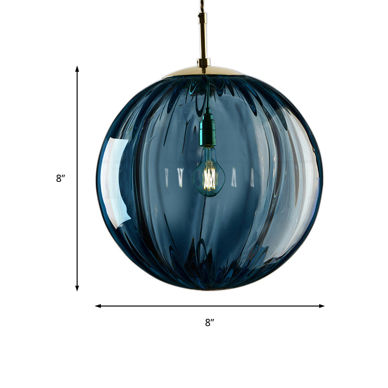 Modern Blue/Purple/Smoky Ribbed Glass Sphere Pendant Light - Led Hanging Ceiling Lamp For Bedroom