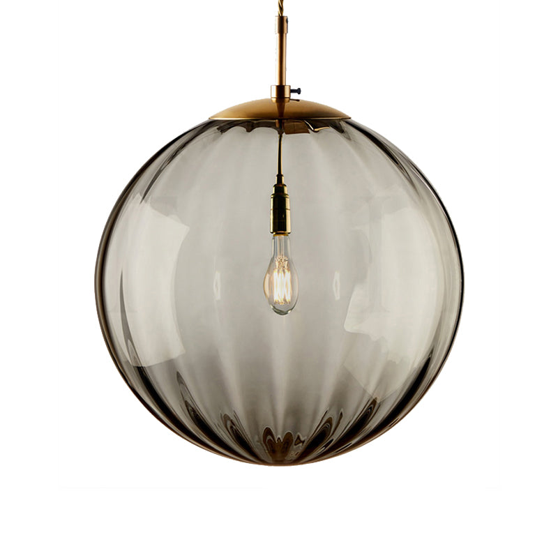 Sleek Sphere Pendant Light: Modern Blue/Purple/Smoky Ribbed Glass Led Ceiling Lamp For Bedroom