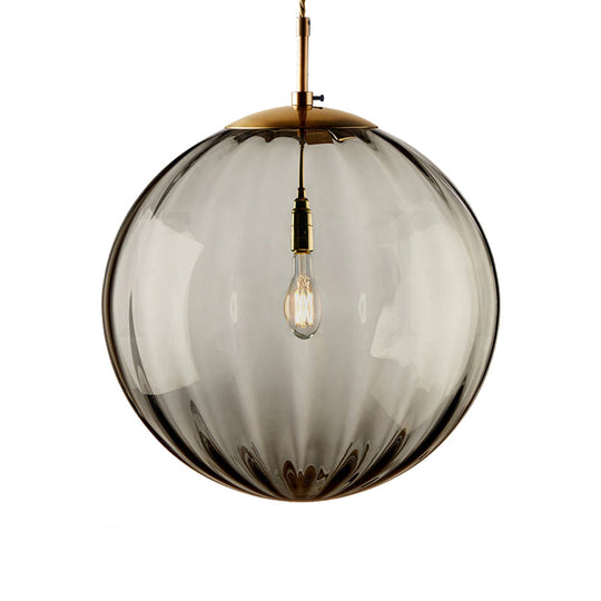 Sleek Sphere Pendant Light: Modern Blue/Purple/Smoky Ribbed Glass Led Ceiling Lamp For Bedroom