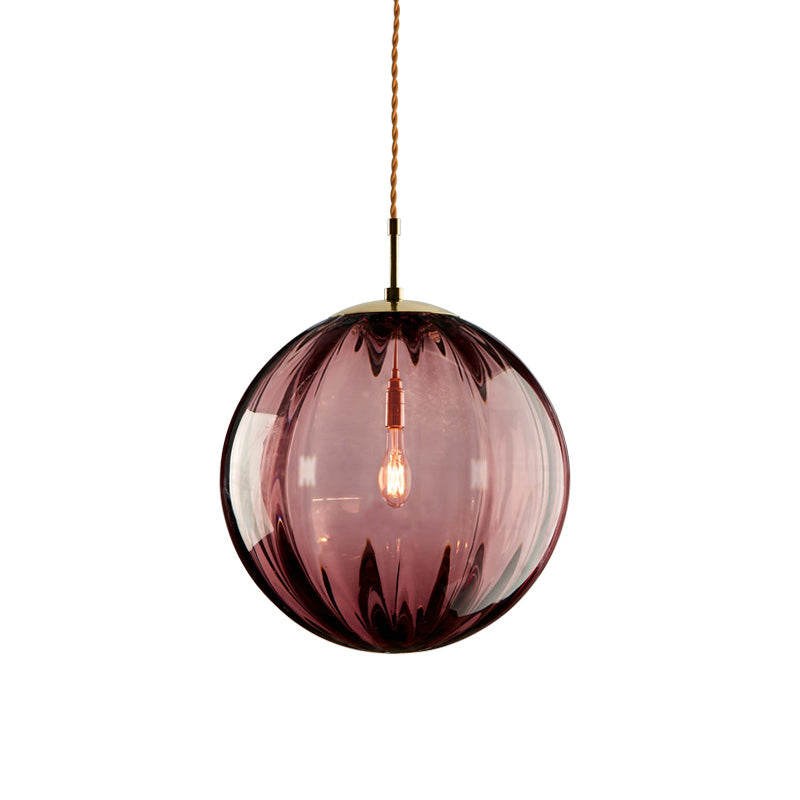Sleek Sphere Pendant Light: Modern Blue/Purple/Smoky Ribbed Glass Led Ceiling Lamp For Bedroom
