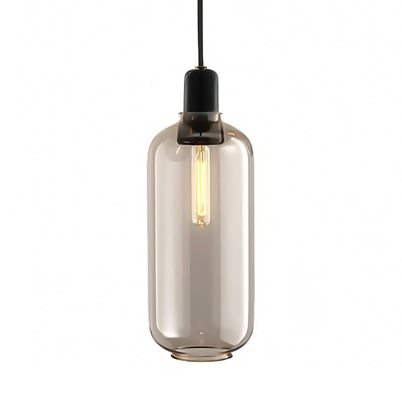 Modernist Cylinder Pendant Lamp - Amber/Smoky Glass 1 Light 4’/5.5’ Wide Ideal For Living Room