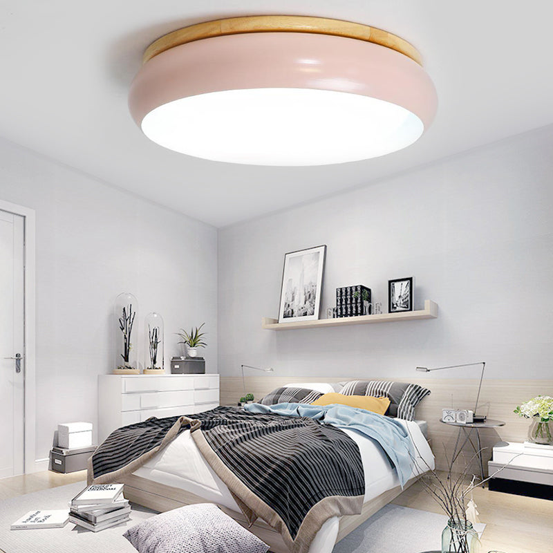 18’/21.5’ Dia Led Flush Mount Drum Lamp In Macaron Wood White/Pink/Green - White/Warm/Natural