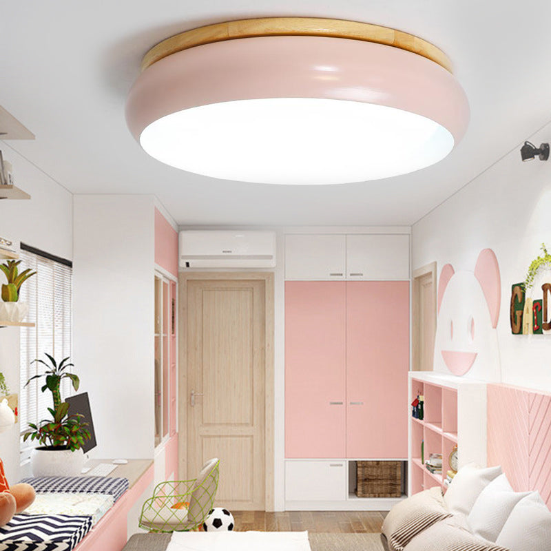 18’/21.5’ Dia Led Flush Mount Drum Lamp In Macaron Wood White/Pink/Green - White/Warm/Natural Light