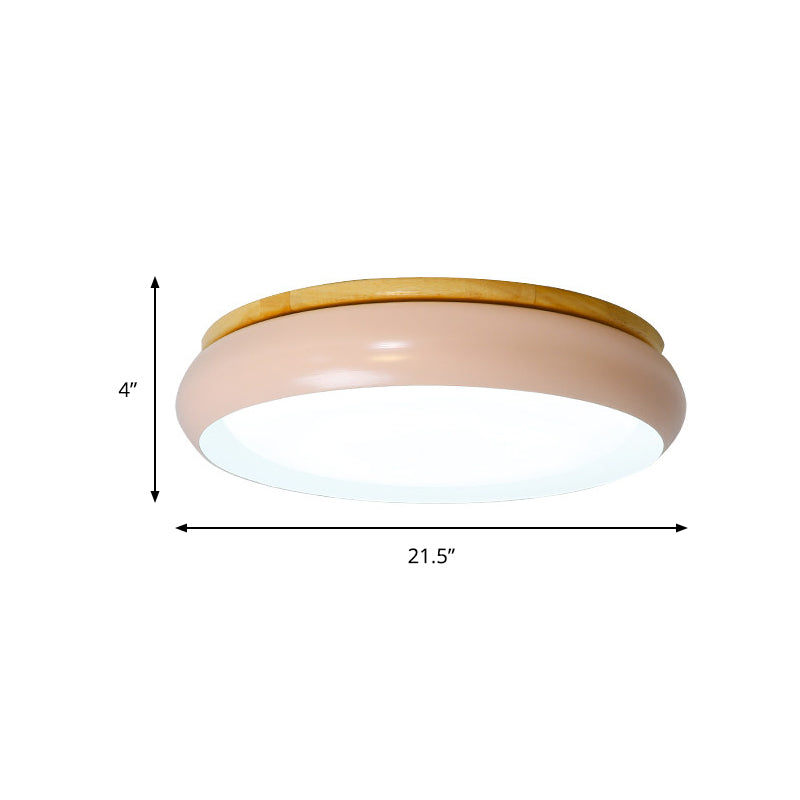 18/21.5 Dia Led Flush Mount Drum Lamp In Macaron Wood White/Pink/Green - White/Warm/Natural Light