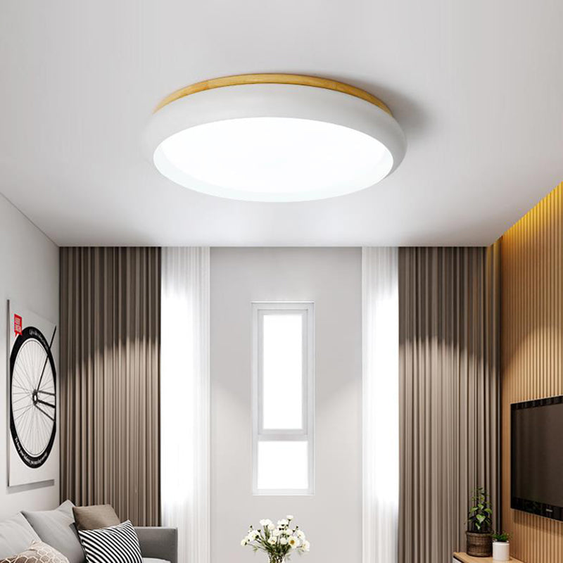 18/21.5 Dia Led Flush Mount Drum Lamp In Macaron Wood White/Pink/Green - White/Warm/Natural Light