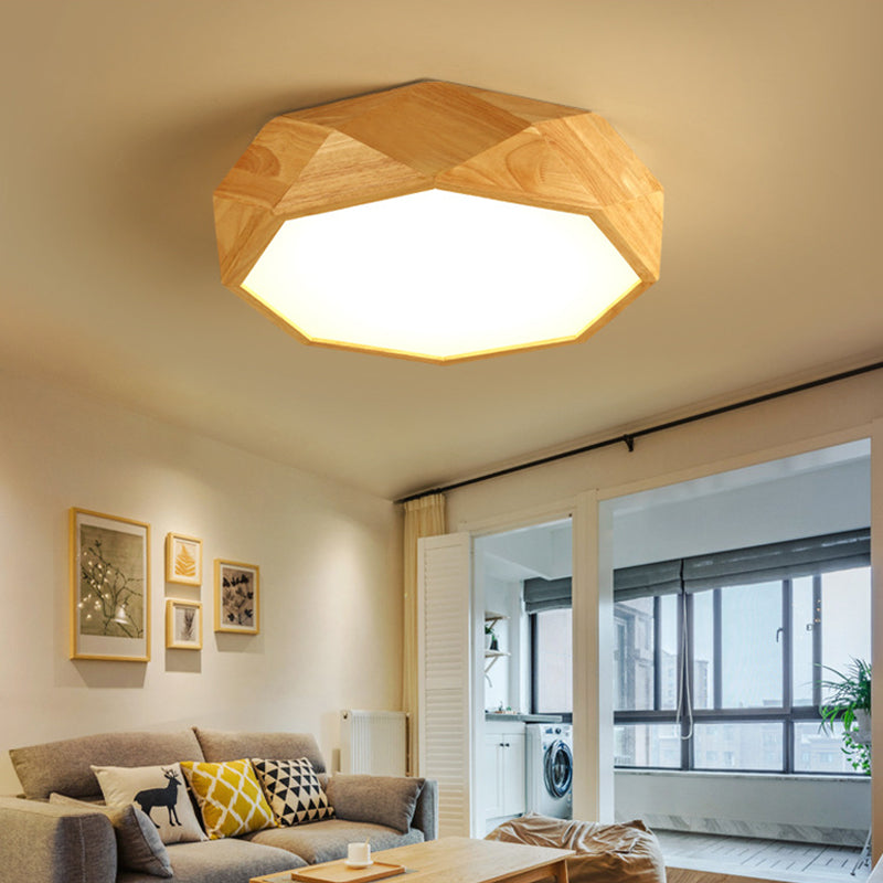 Modern Geometric Wood Beige Ceiling Light With Acrylic Diffuser - Led Flush Mount Lamp 18’/26’