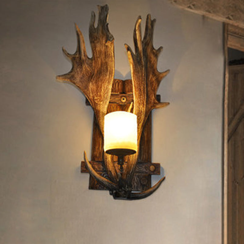 Rustic Resin Antler Wall Mount Light With Handblown Glass Shade - Brown