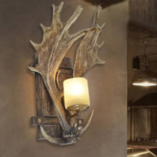 Rustic Resin Antler Wall Mount Light With Handblown Glass Shade - Brown