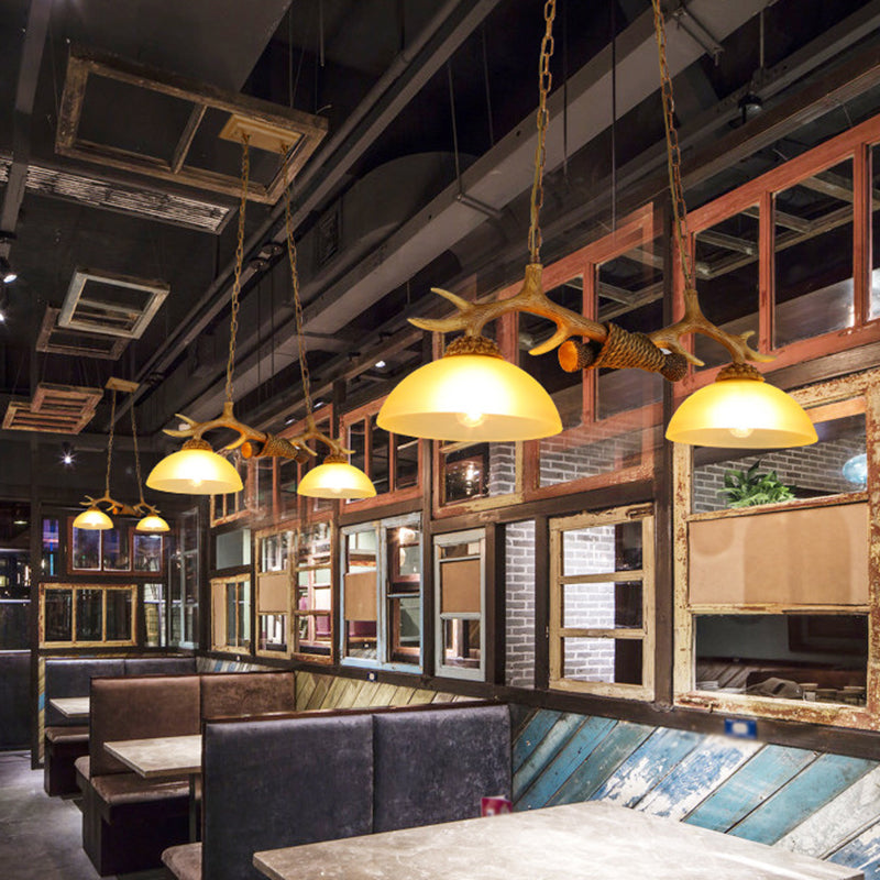 Retro Dome Pendant Light With Beige Glass And Decorative Deer Horn - Set Of 2