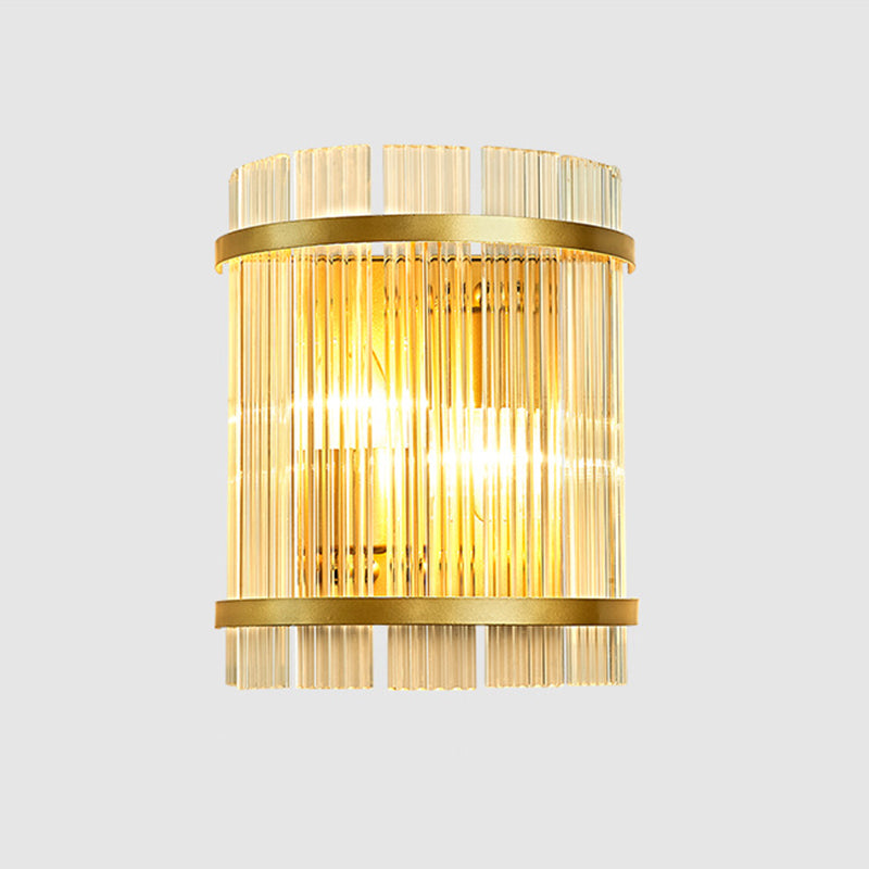 Living Room Wall Mount Light: Modern Gold Ribbed Glass Sconce With 2 Bulbs
