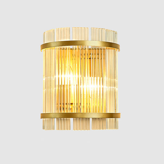 Living Room Wall Mount Light: Modern Gold Ribbed Glass Sconce With 2 Bulbs