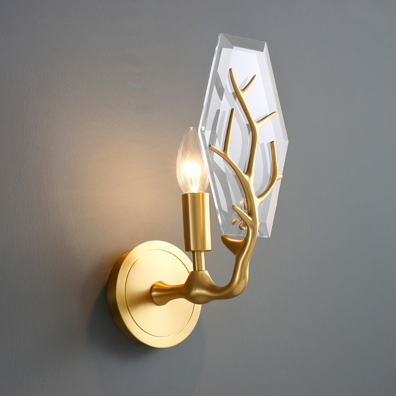 Hexagonal Crystal Wall Lamp - Artistic Single Fixture In Brass For Living Room