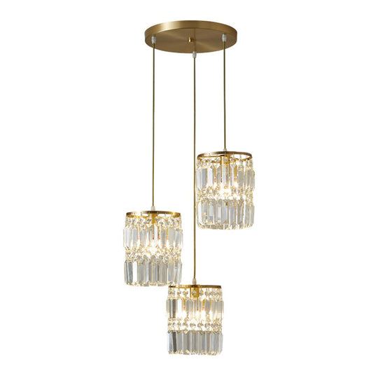 Brass Multi-Light Chandelier With Cylinder Hanging Pendant And Tri-Prism Crystal For Contemporary