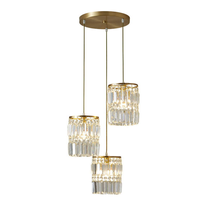 Modern Brass Pendant Chandelier With Tri-Prism Crystals - 3-Light Dining Room Fixture