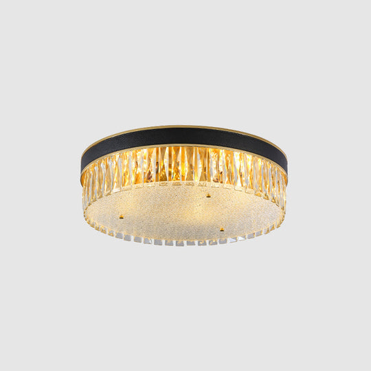 Faceted Crystal Drum Flush Mount Black Minimalist Lighting Fixture