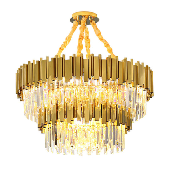 Modern Drum Chandelier Pendant Light With Crystal Tri-Prism Design - Gold